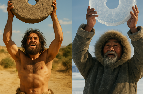 2 inventors of the wheel holding their inventions aloft.  One is made of stone, the other ice