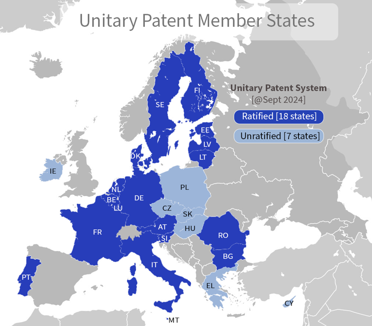 A map of Europe showing member states of the unitary patent